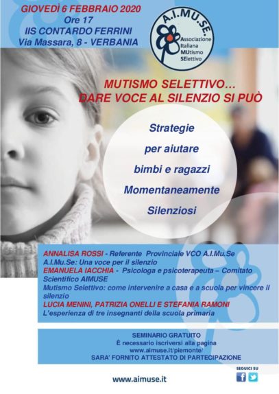 VERBANIA - 6 Febbraio 2020 - "MUTISMO SELETTIVO... DARE VOCE AL SILENZIO SI PUÒ. Strategie per aiutare bimbi e ragazzi Momentaneamente Silenziosi a casa e a scuola"