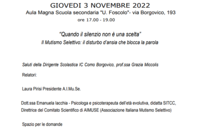 3 Novembre 2022 –                                      Seminario Informativo Formativo per Insegnanti della Provincia di Como – regione Lombardia