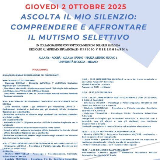 Milano, 2 Ottobre 2025 –                                          Università Milano Bicocca – “Ascolta il mio silenzio: comprendere e affrontare il mutismo selettivo”